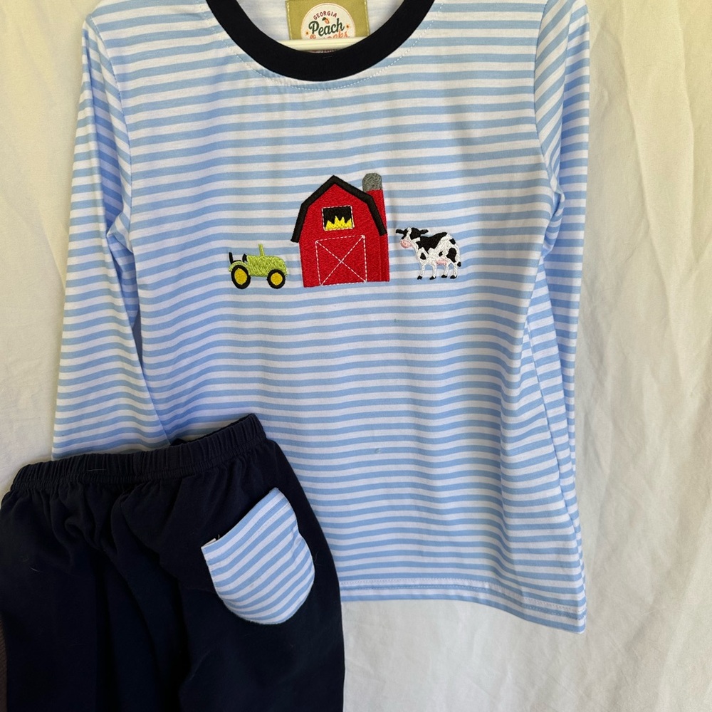 Blue & White Striped Farm Set with Barn Appliqué